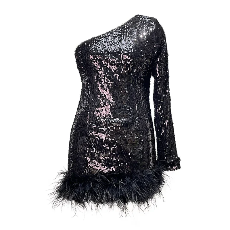 2023 New Women One Shoulder Evening Dress Black Sequin Dress with Fluffy Ostrich Feather