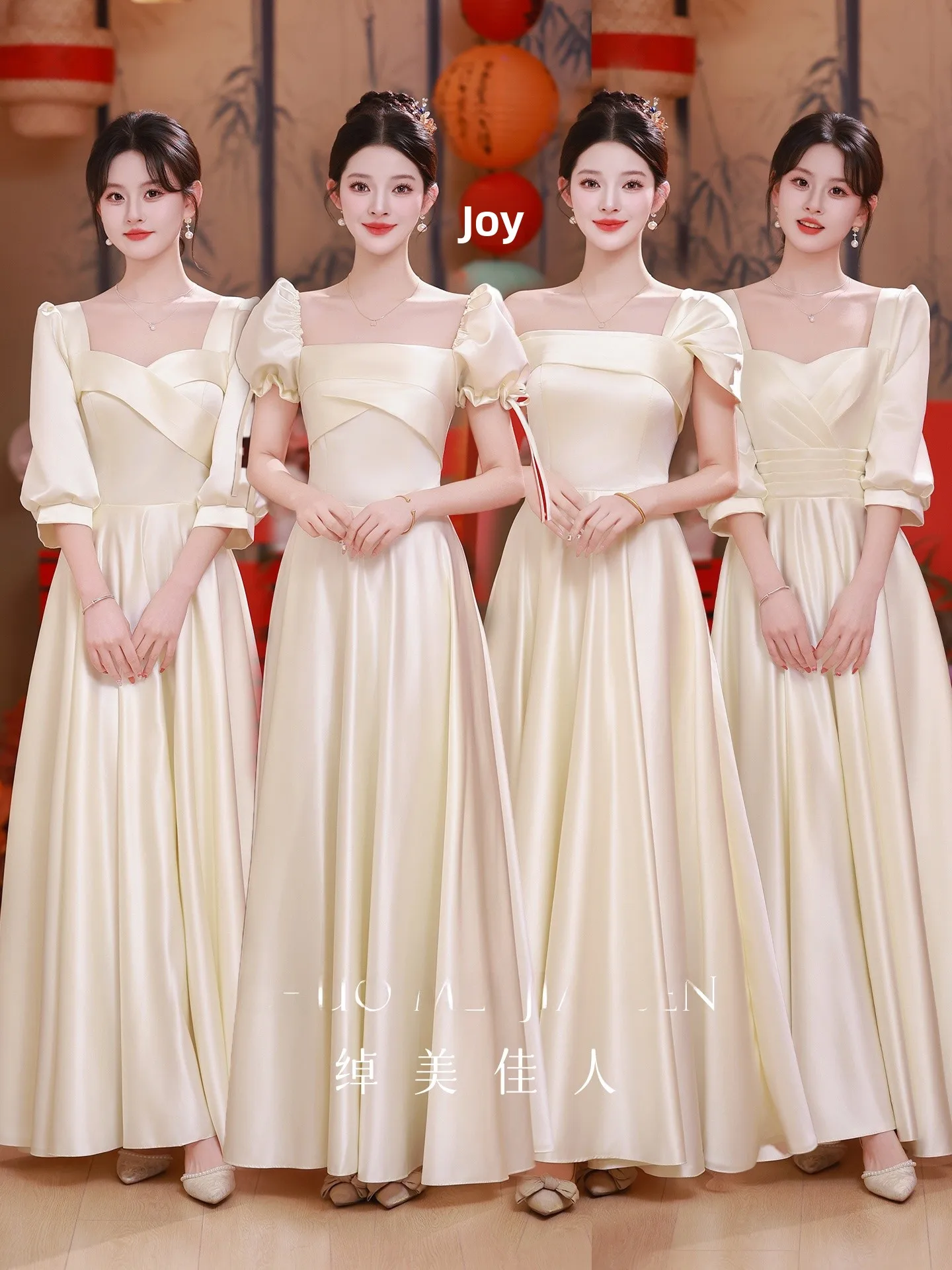 

Champagne Satin Maids Dr Korean Sle Wedding Long Gown with Belt Pure Color ort Sve Midi Skirt for Bridesmaid