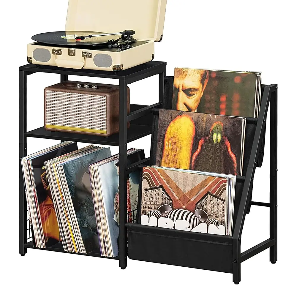 

Bla End Table,Record Player Stand With Vinyl Storage,3 Tier Side Table With Display Shelf Storage Up To 150 Albums,Industrial