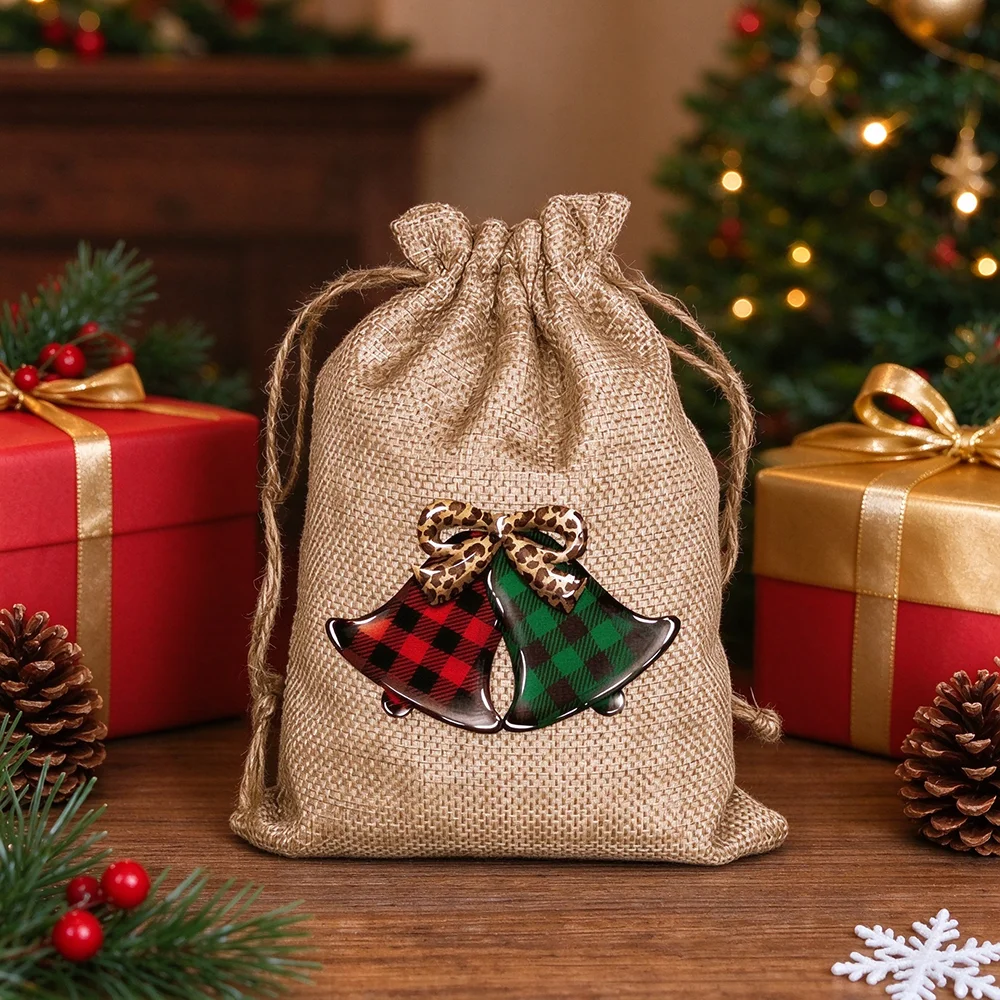12Pcs Buffalo Plaid Christmas Burlap Drawstring Gift Bags Red Truck Linen Treat Candy Bag for Kids Holiday Party Favor Supplies