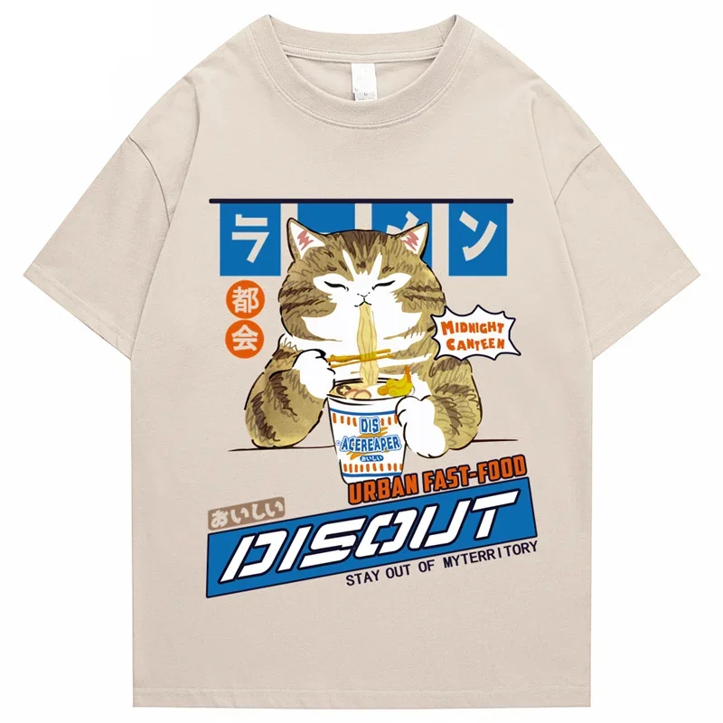 Japanese Style Cat Cartoon Men Oversized T shirts 2025 Summer Casual Baggy Short Sleeve Tees Harajuku Cotton Women T-shirt