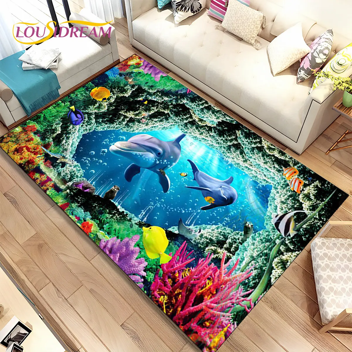 

3D Illusion Seabed Underwater World Dolphin Shark Area Rug,Carpet Rug for Living Room Bedroom Sofa Doormat,Non-slip Floor Mat