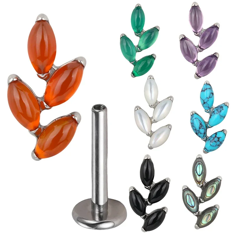 

ASTM F136 Titanium EAR PIERC Leaf Shape with Marquise Natural Stone Top Cartilage Earrings Ear Lip Helix Studs Piercing Jewelry