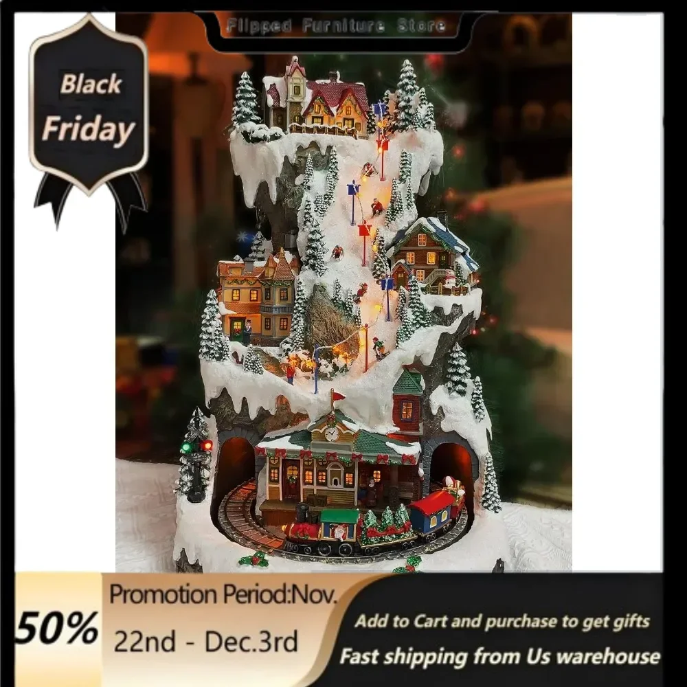 20.5“H Ski Resort Mountain Resin Christmas Village Buildings, Featuring LED Lights, Christmas Music, and Animated Train.