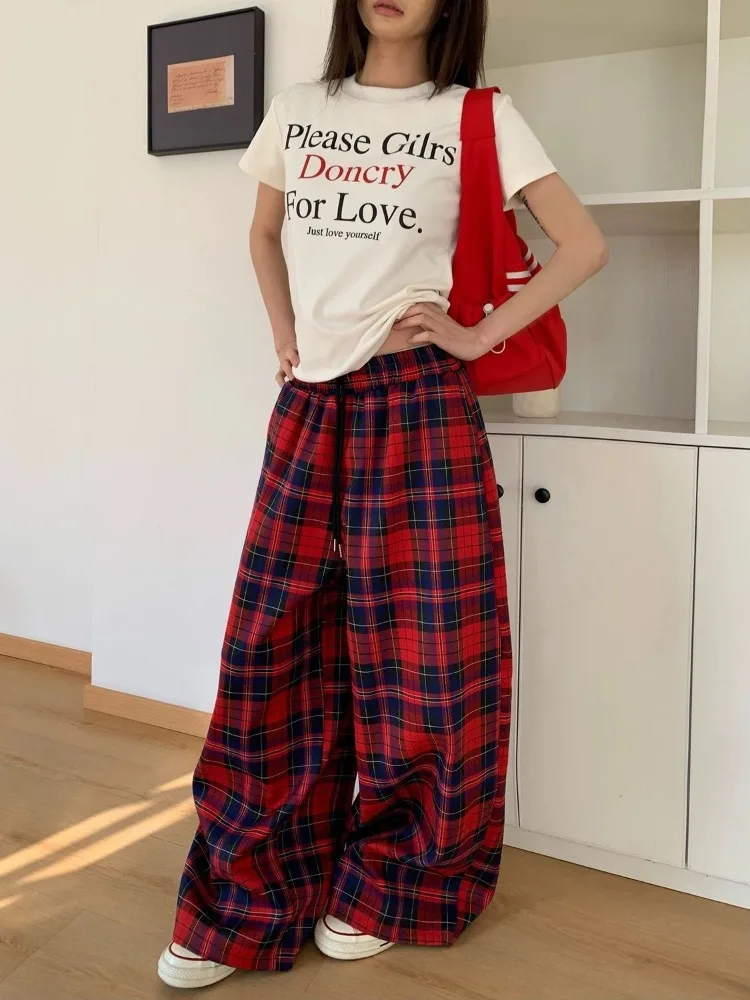 Women's Retro Red Checkered Casual Sweatpants Cute Girl High Waisted Pants Summer Bottoms Female Wide-leg Straight Trousers