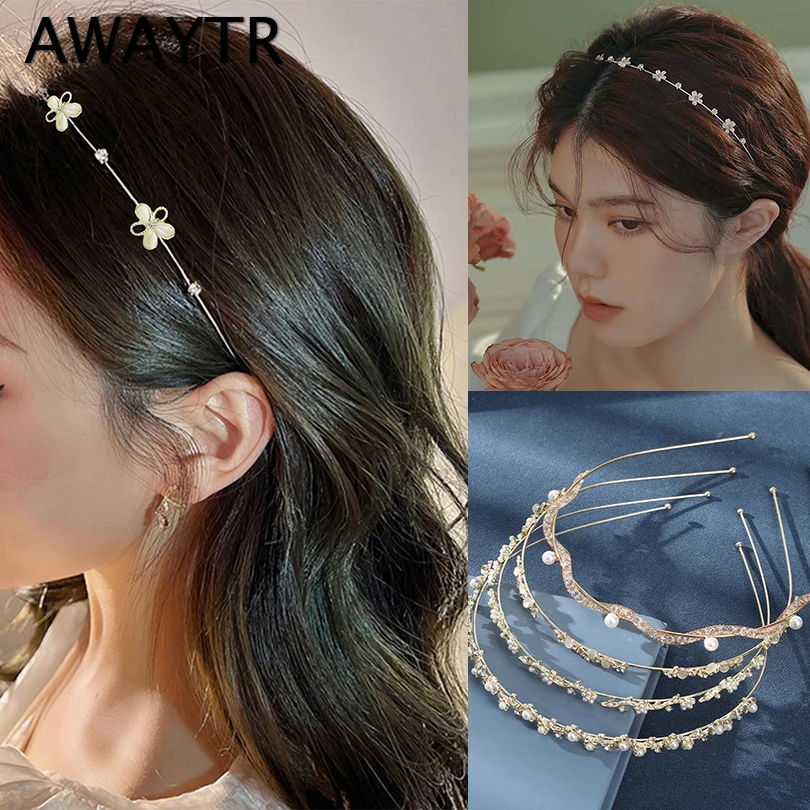 AWAYTR Sweet Hair Hoop Headband Sport Wavy Headband Flower Hairband Crystal Headbands Women Gold Alloy Girls Hair Accessories