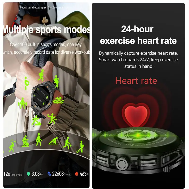 1.43" AMOLED Screen Smartwatch GPS Motion Track 100+ Sports Modes AI Voice Assistant Bluetooth Call Weather Smart Watch For Men