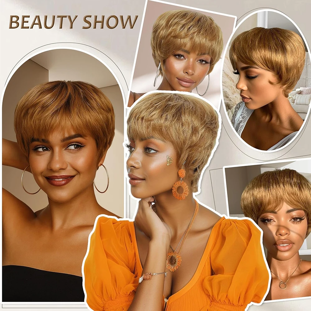 Медовый блондин, короткий парик с стрижкой пикси, многослойные прямые парики из натуральных волос, базильские волосы с предварительно выщипанной челкой для женщин, машинное производство