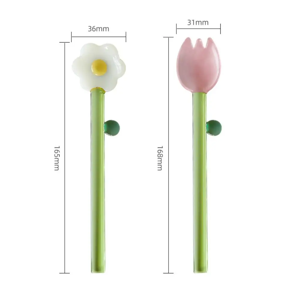 Multifunctional Flower Shaped Glass Spoon Long handle Glass Dessert Spoon Colored Transparent Coffee Stirring Spoon Stick Home