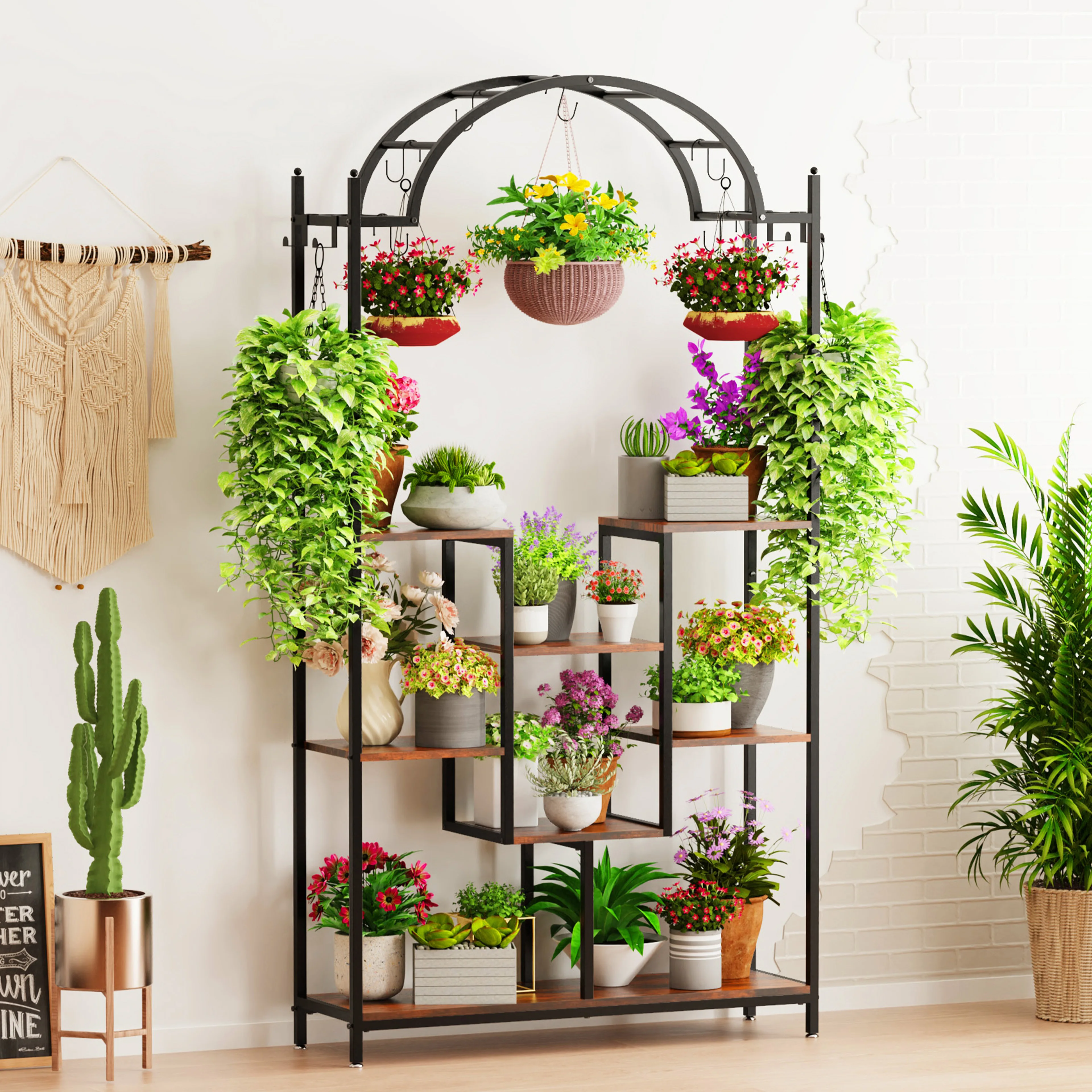 Suporte alto para plantas internas de 5 camadas, prateleira de flores de metal arqueada de 74,8 ''com ganchos de suspensão, grande rack de exibição de vasos de bonsai para jardim