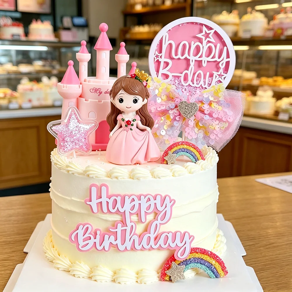 Decoración para Pastel de Castillo de Princesa de Cuento de Hadas de Dibujos Animados para Niñas Pequeñas, Baby Shower, Fiesta de Cumpleaños, Decoración para Postres Infantiles