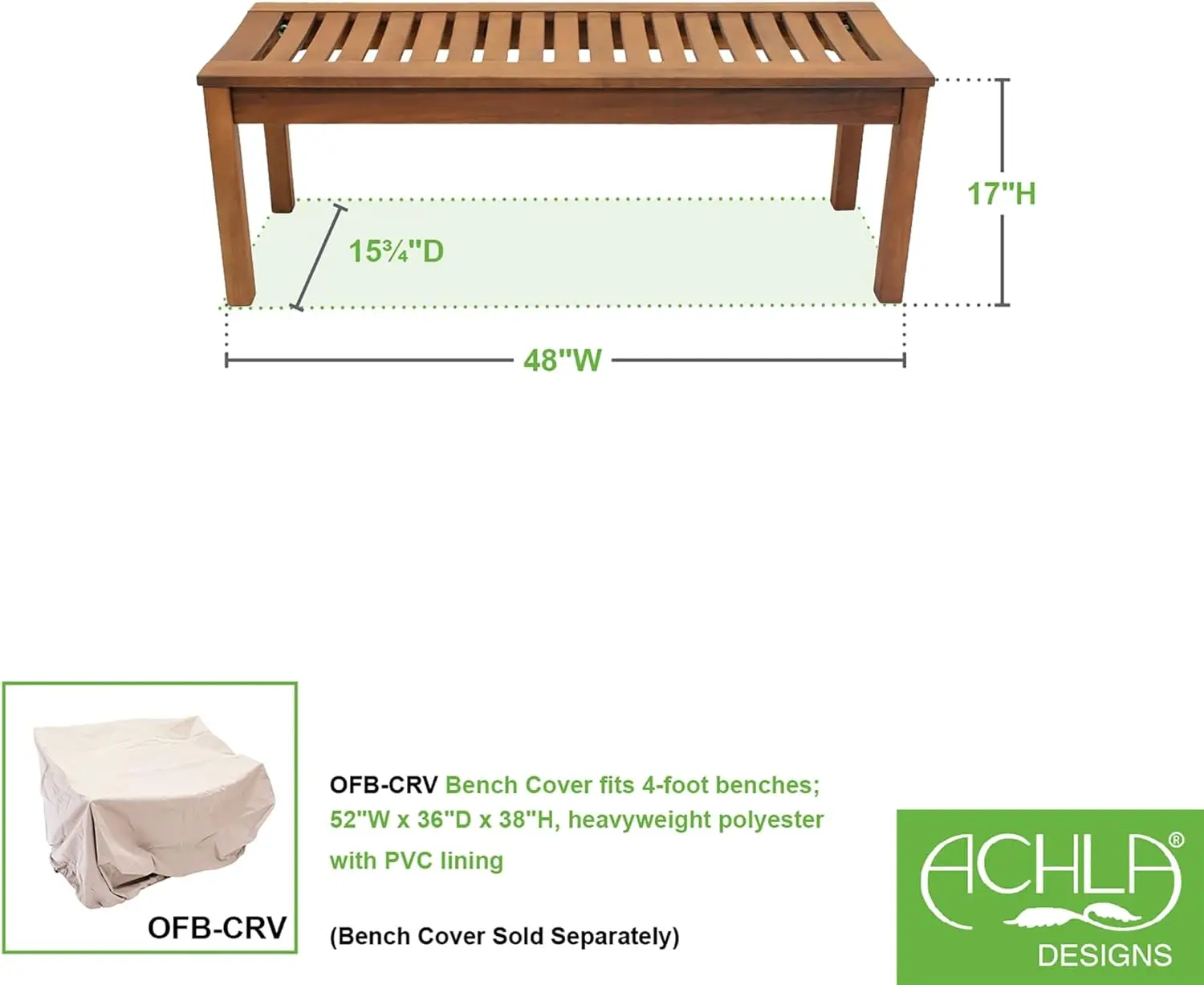 Achla Designs 125-0003 Backless, 4 ft Natural Finish Bench, 48-in L