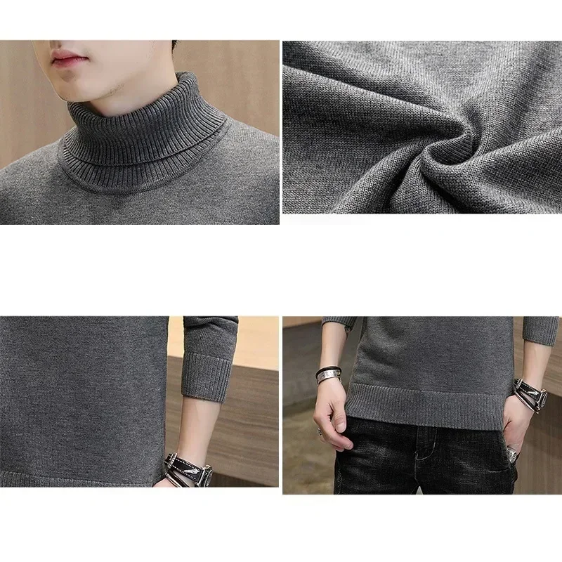 Men's Fleece Turtleneck Sweaters Solid Color Classic Slim Fit Knit Sweaters Thicken Warm Jumpers Long Sleeve Pullover
