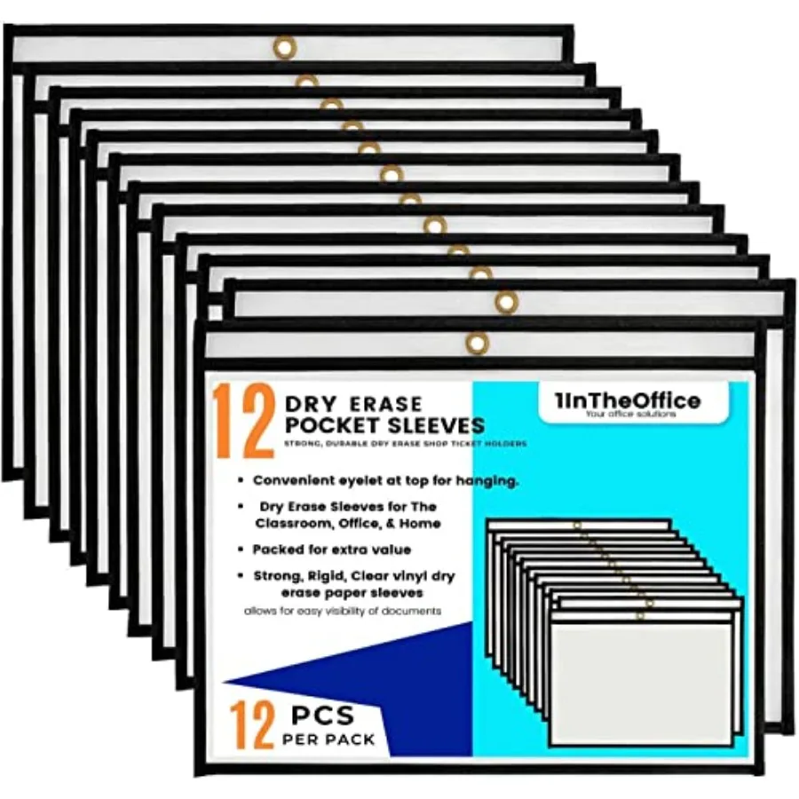 

Dry Erase Pocket Sleeves Black Shop Ticket Holders 12x9 12 Pack