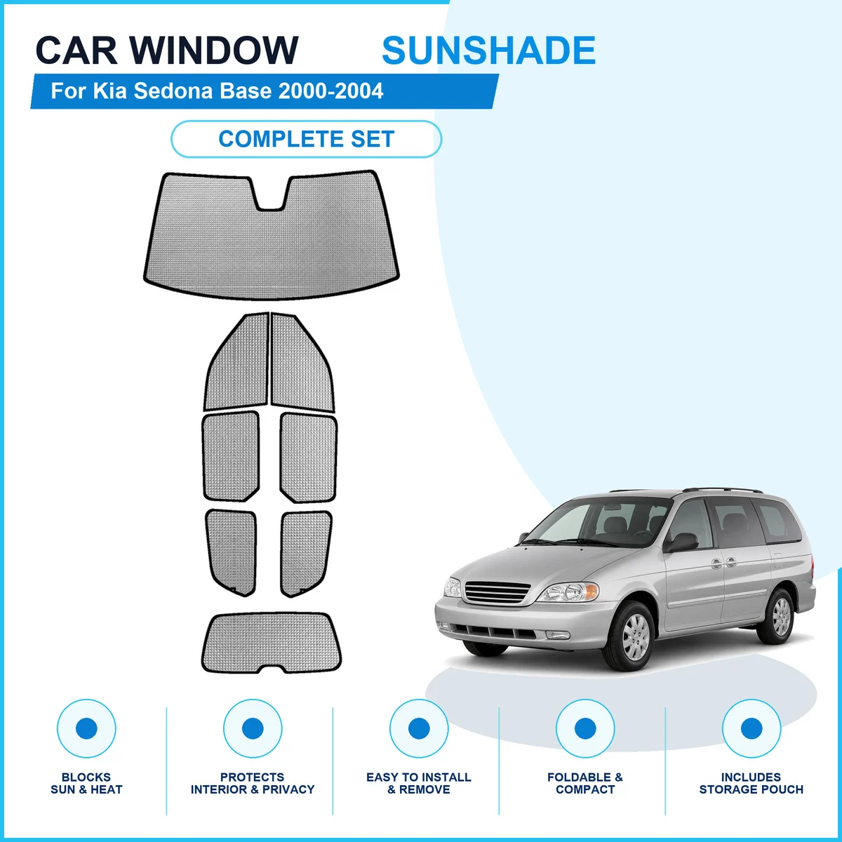For Kia Sedona Base 2000-2004 Custom Full Set Window Sunshades Aluminum Foil Suction Cup Anti UV Privacy