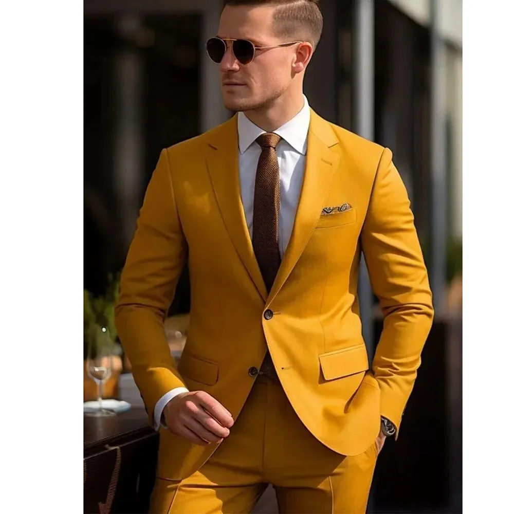 High Quality Men Suits Yellow Single Breasted Skinny Blazer 2 Piece Jacket Pants Set Formal Wedding Outfits Costume Homme 033B