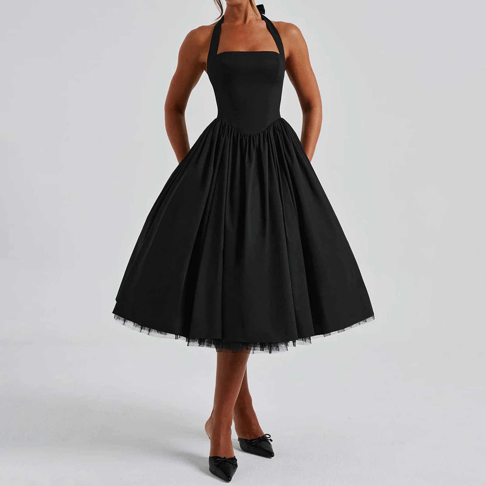 فستان توتو نسائي بلون سادة أنيق برباط ورقبة رسن بدون أكمام مفتوح الظهر متقاطع على شكل حرف a فستان ميدي بدون أكمام