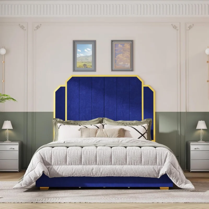 Queen Size Bed Frame, Metal Platform Bed Frame,High Headboard Velvet Upholstered 4 Storage Drawers No Box Spring Need