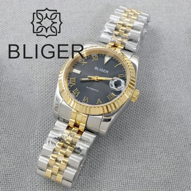 BLIGER 36mm/39mm Watch For Men NH35 Mingzhu Miyota PT5000 Movement Fluted Bezel Sapphier Glass Gray Dial Two-tone Gold Jubilee