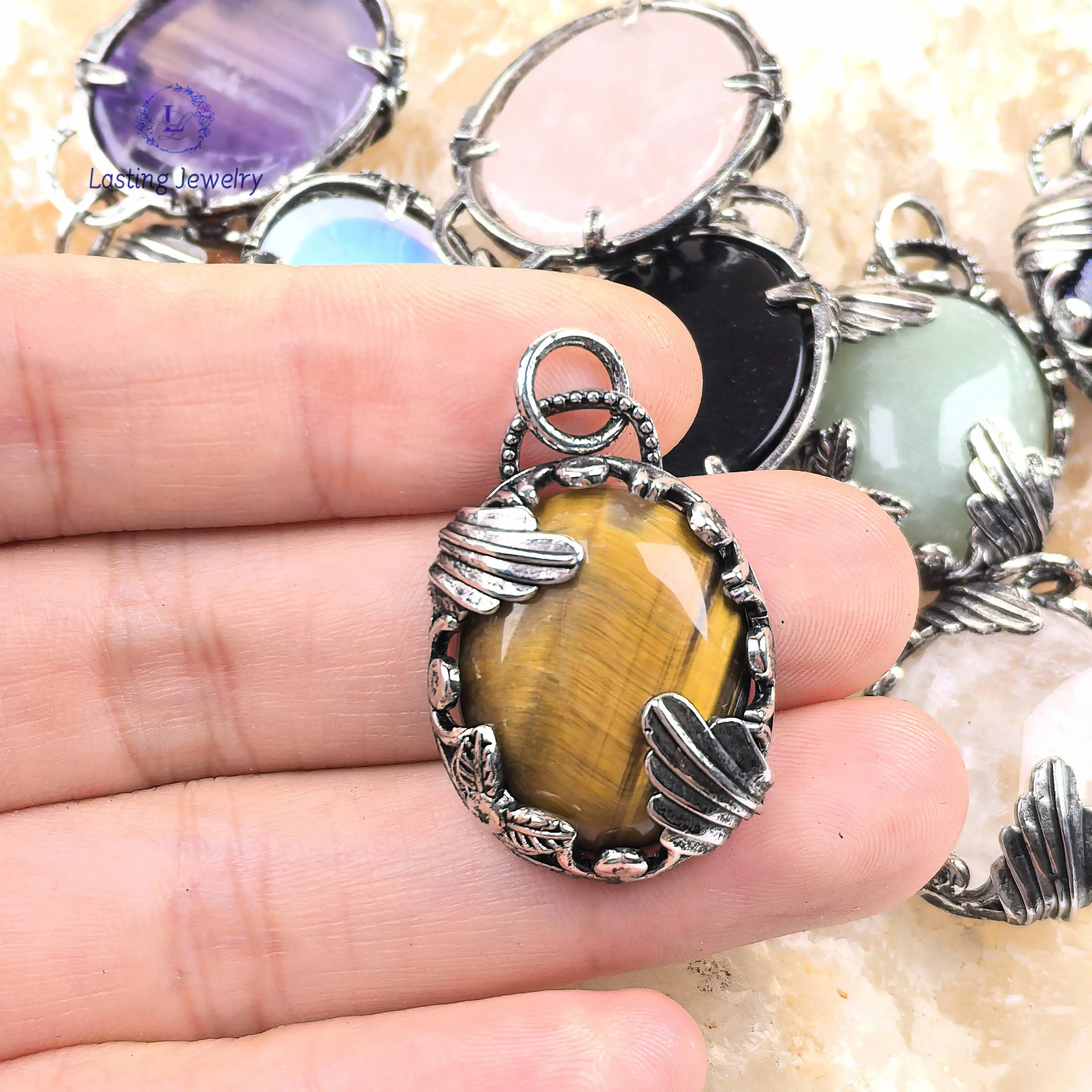 จี้หินธรรมชาติรูปไข่สีเงินโบราณ, คริสตัลบำบัดพลังงานควอตซ์ อเมทิสต์ ฟลูออไรต์ ไทเกอร์อาย สำหรับทำสร้อยคอ DIY