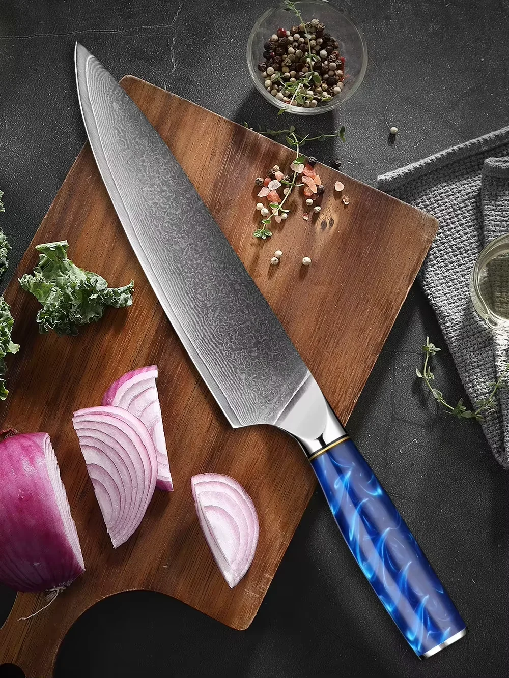 Damascus Chef Knife 8 Inch Sharp Kitchen Knife Japanese Damascus Steel Knives Meat, Fish & Vegetable Knife Blue Resin Handle