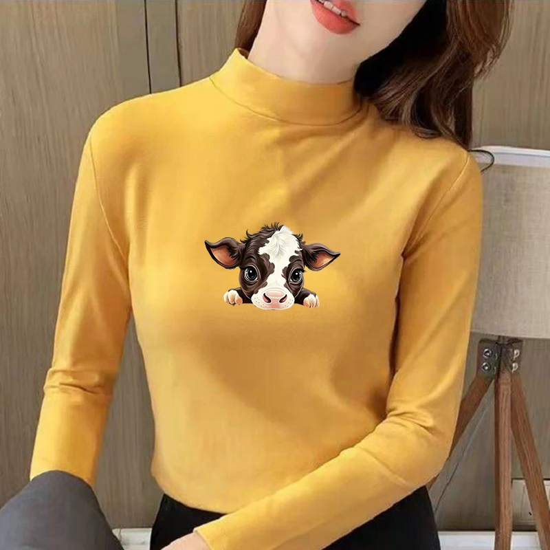 2026 New Autumn Winter Thermal Brushed Fleece Long Sleeve Graphic Print T shirt Blouses Female Warm Shirt Women Top