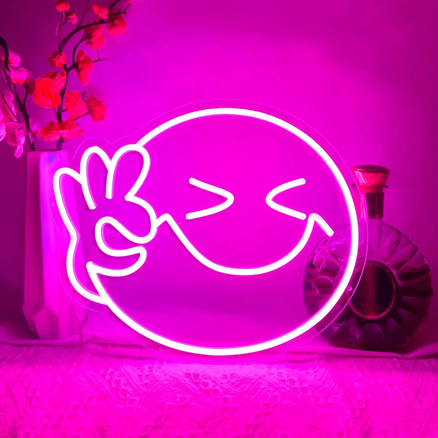 

Colorful smiling face neon sign, used for wall decoration, OK gesture LED light, with dimmable children's smile for bedroom