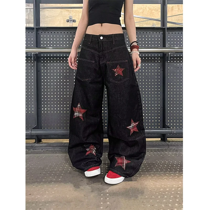 

Женские черные готические джинсы Y2K с вышивкой звездами, винтажные джинсы в стиле Харадзюку, эмо-джинсы, японские джинсы в стиле 2000-х, оверсайз брюки