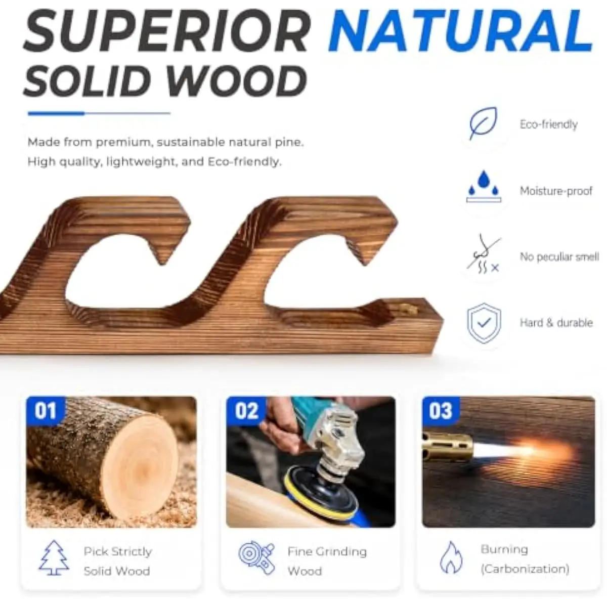 Solid Wood Fishing Rod Rack for Wall or Ceiling Mount – 15° Angled Curved Slots, Scratch-Resistant Surface, Holds 10 Rods & Comb