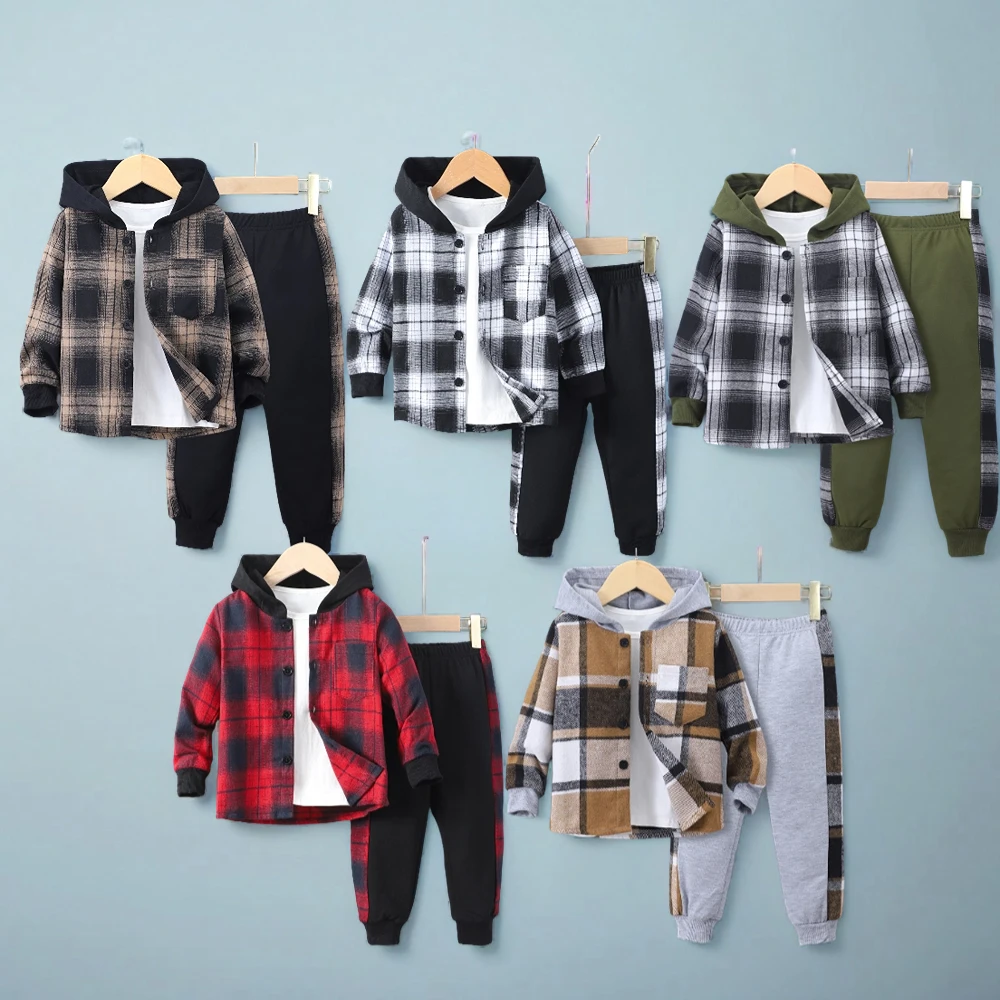 New Plaid Set Boys Clothes 3-7 Years Autumn Long Sleeve Casual Checker Contrast Winter Hoodie Suit Shirt + Pants Children Outfit