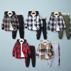 Nuovo set scozzese vestiti per ragazzi 3-7 anni autunno manica lunga casual a quadri contrasto inverno felpa con cappuccio camicia + pantaloni vestito per bambini