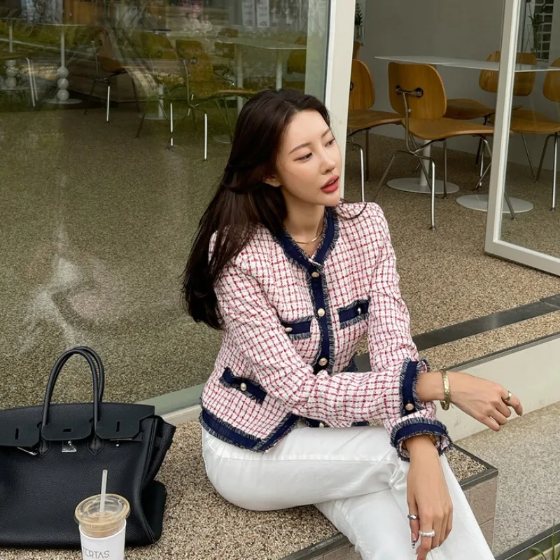 Hmsevenjz 트위드 격자 무늬 모직 코트 여성용 가을/겨울 오 넥 긴팔 싱글 브레스트 프린지 자켓 여성 의류