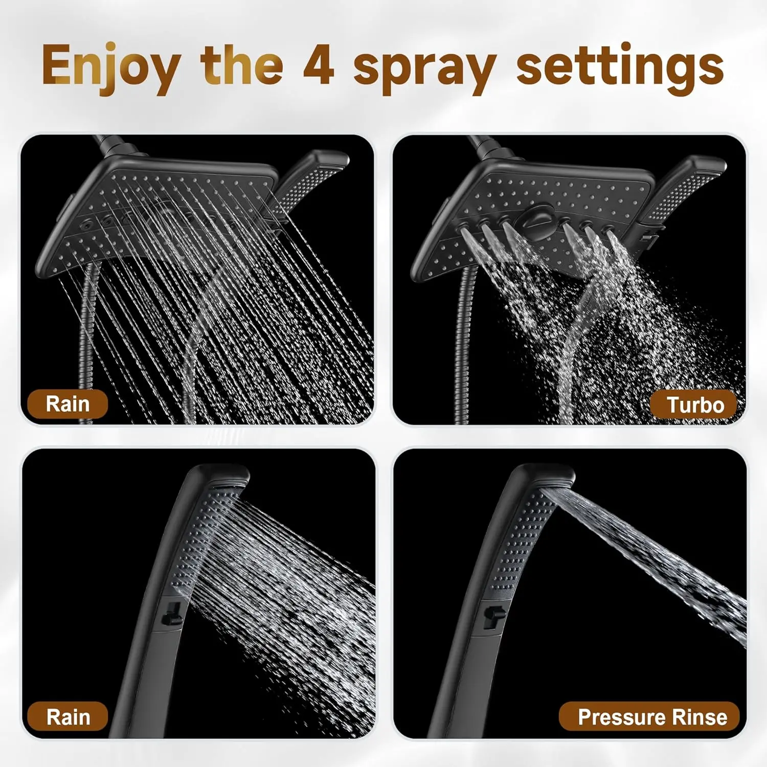 Matte Black Rain & Handheld Dual Shower Head Combo 4 Spray Modes Tool Free Install 60 Inch Stainless Steel Hose Adjustable Mount Bracket