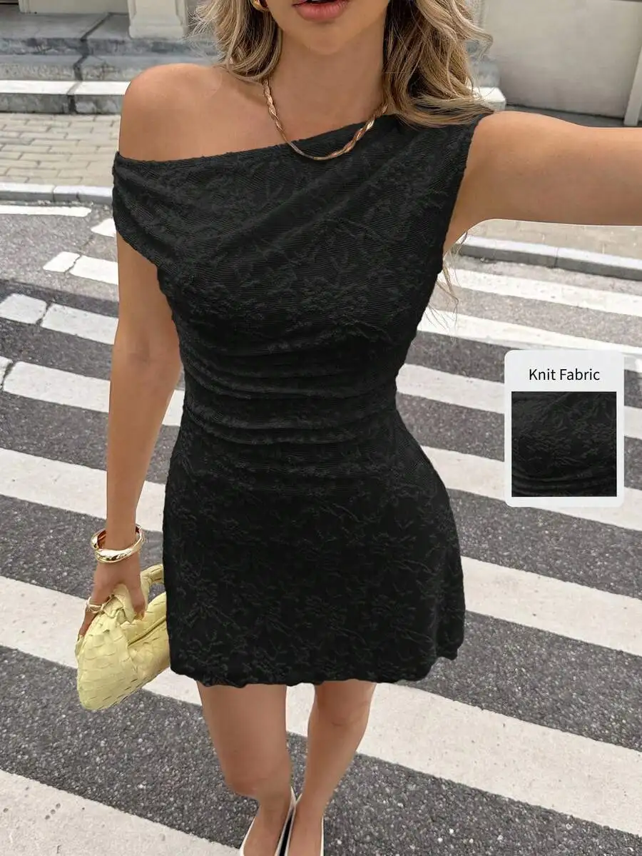 

Women Off Shoulder Short Dress Knit Fabric Solid Casual Mini Dress