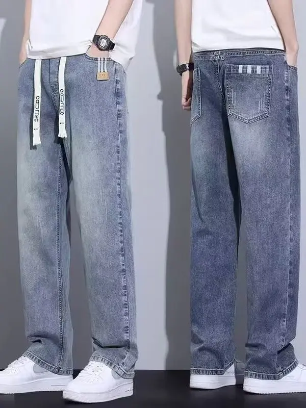 미국 하이 스트리트 남성 캐주얼 청바지 여름 얇은 워싱 라이트 블루 신축성 있는 허리 루즈 스트레이트 팬츠
