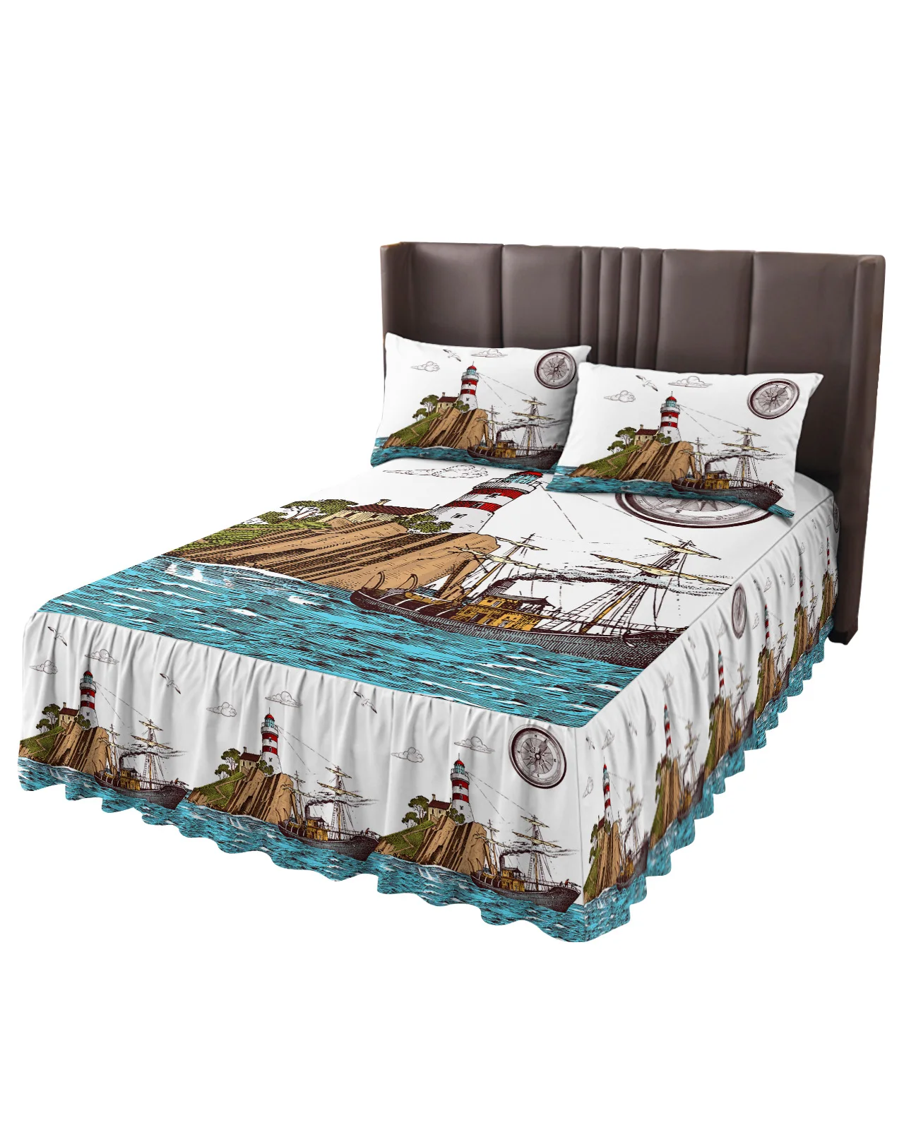 Retro Illustration Lighthouse Sailing Ship Bed Skirt Fitted Bedspread With Pillowcases Mattress Cover Bedding Set Bed Sheet