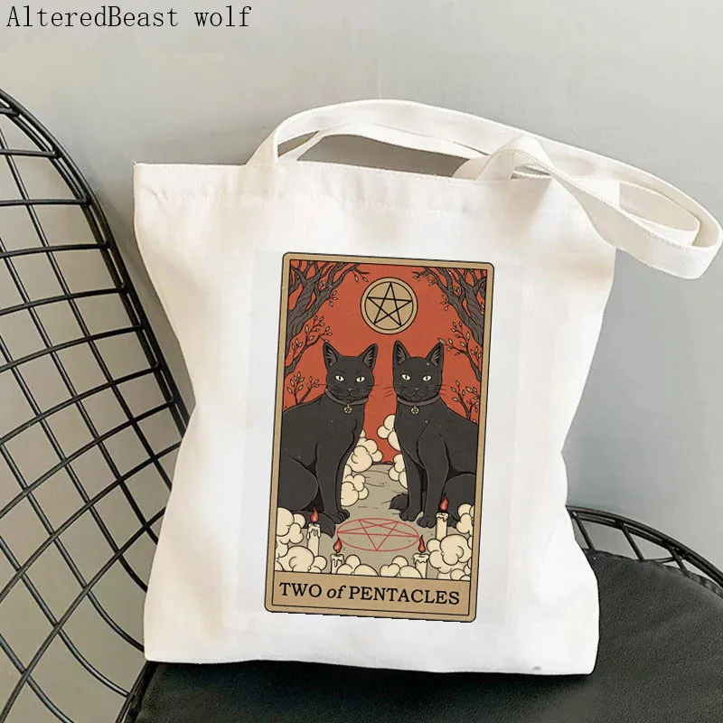 

Women Shopper bag Two of Pentacles cat witchy Tarot magic Bag Harajuku Shopping Canvas Shopper Bag girl Shoulder Lady Bag