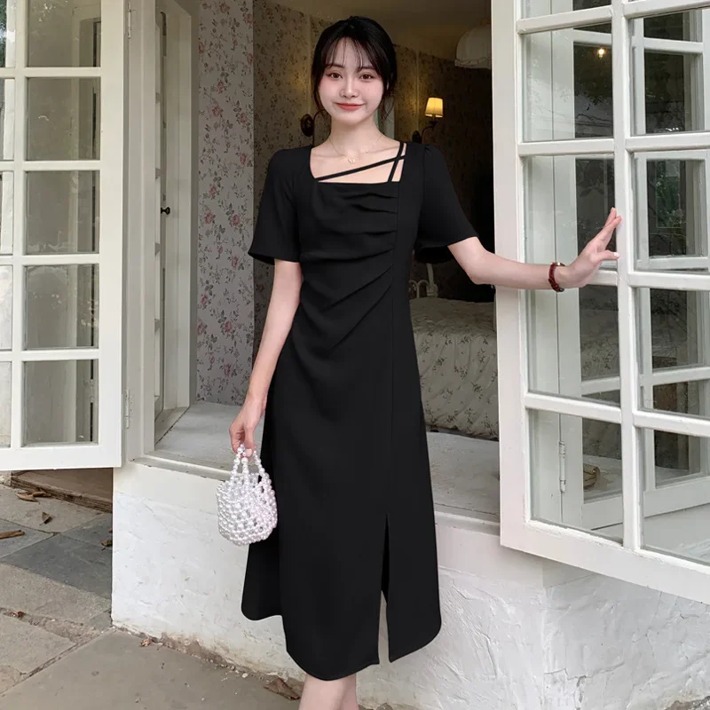 

Foreign trade plus size women's fitted temperament shirred dress summer chubby puff sleeve slit A-line skirt
