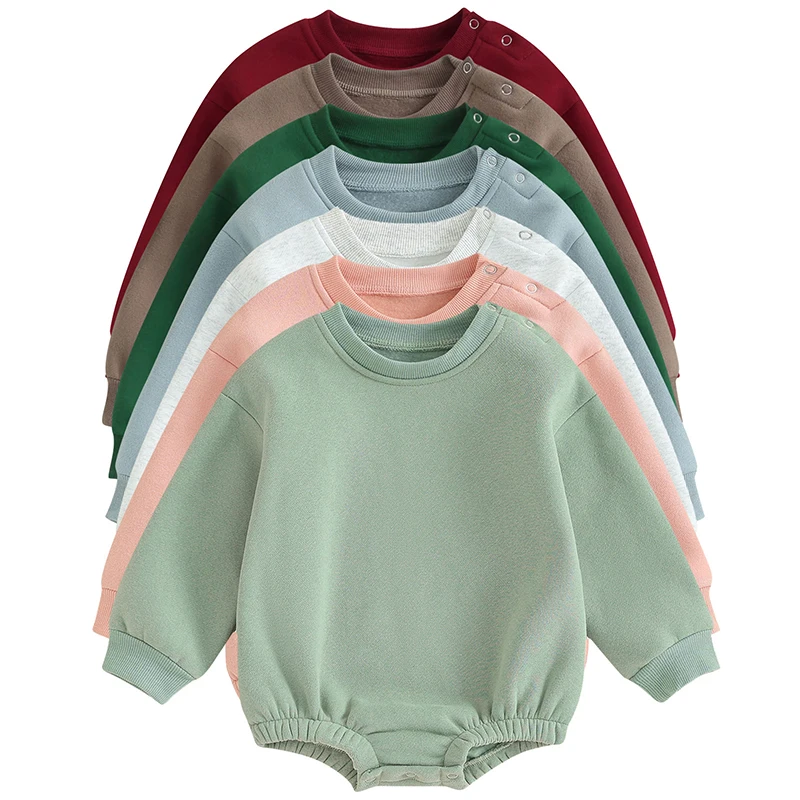 2023-09-19 Lioraitiin 0-18M Newborn Baby Boy Girl Outfits Fleece Solid Color Bubble Bodysuit Sweatshirt Long Sleeve Warm Clothes