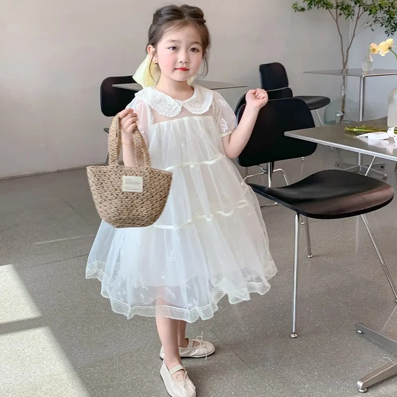 

Girls' Dress2024New Western Style Fashionable Princess Children'S Summer Short Sleeve Fluffy Yarn Dress