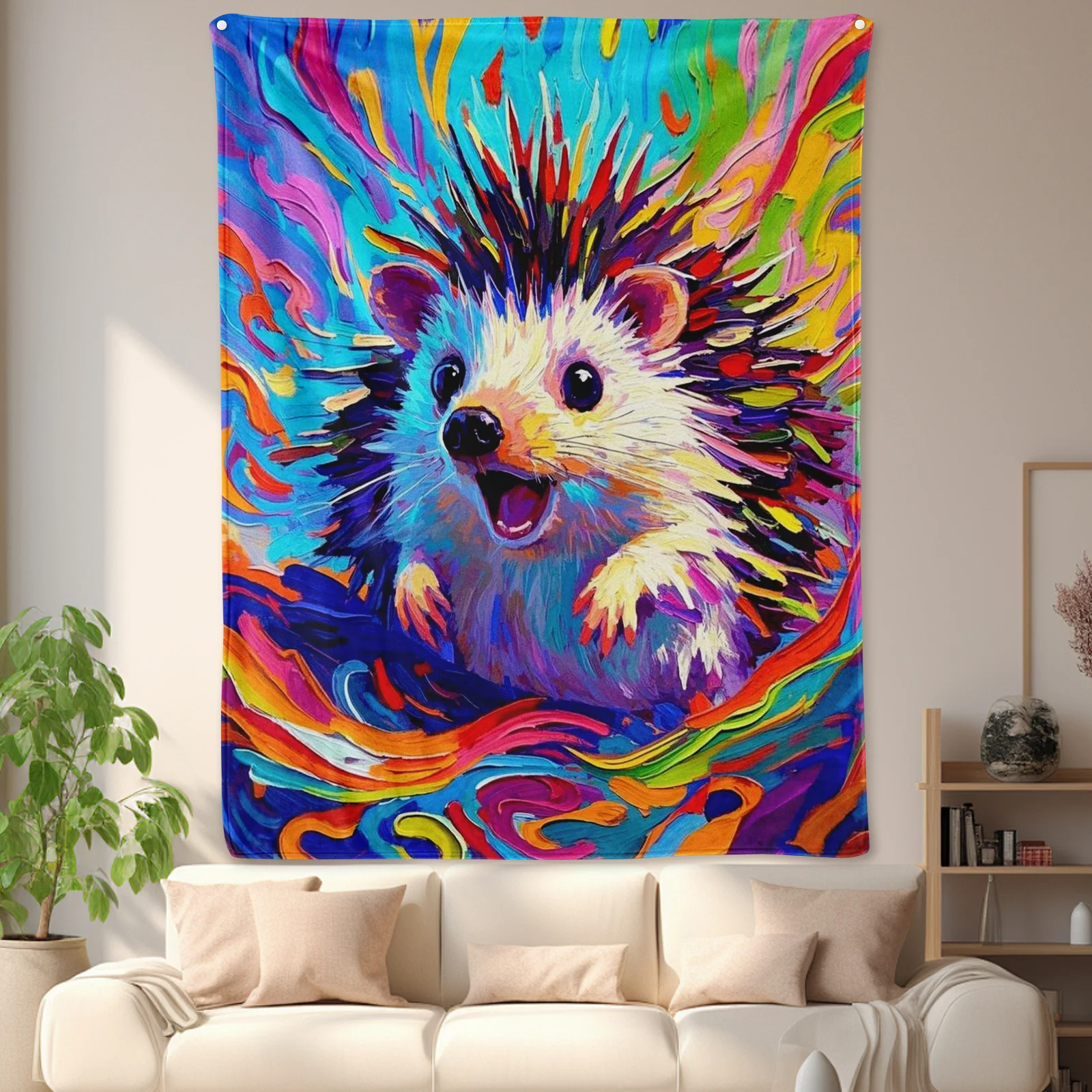 Colorful Oil Painting Hedgehog With Line Art Blanket For Home Decor And Unique Style Statement Aesthetic Enhancement