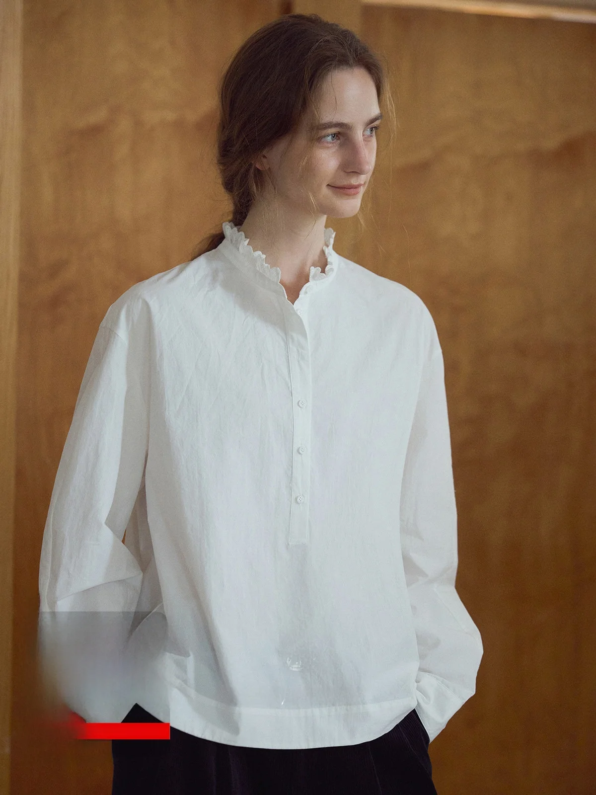 

Nice People 2025AW Cotton Lace Embroidery Stand Collar f Button irt Wrinkle Texture Casual Sle Women's Long Sve irt