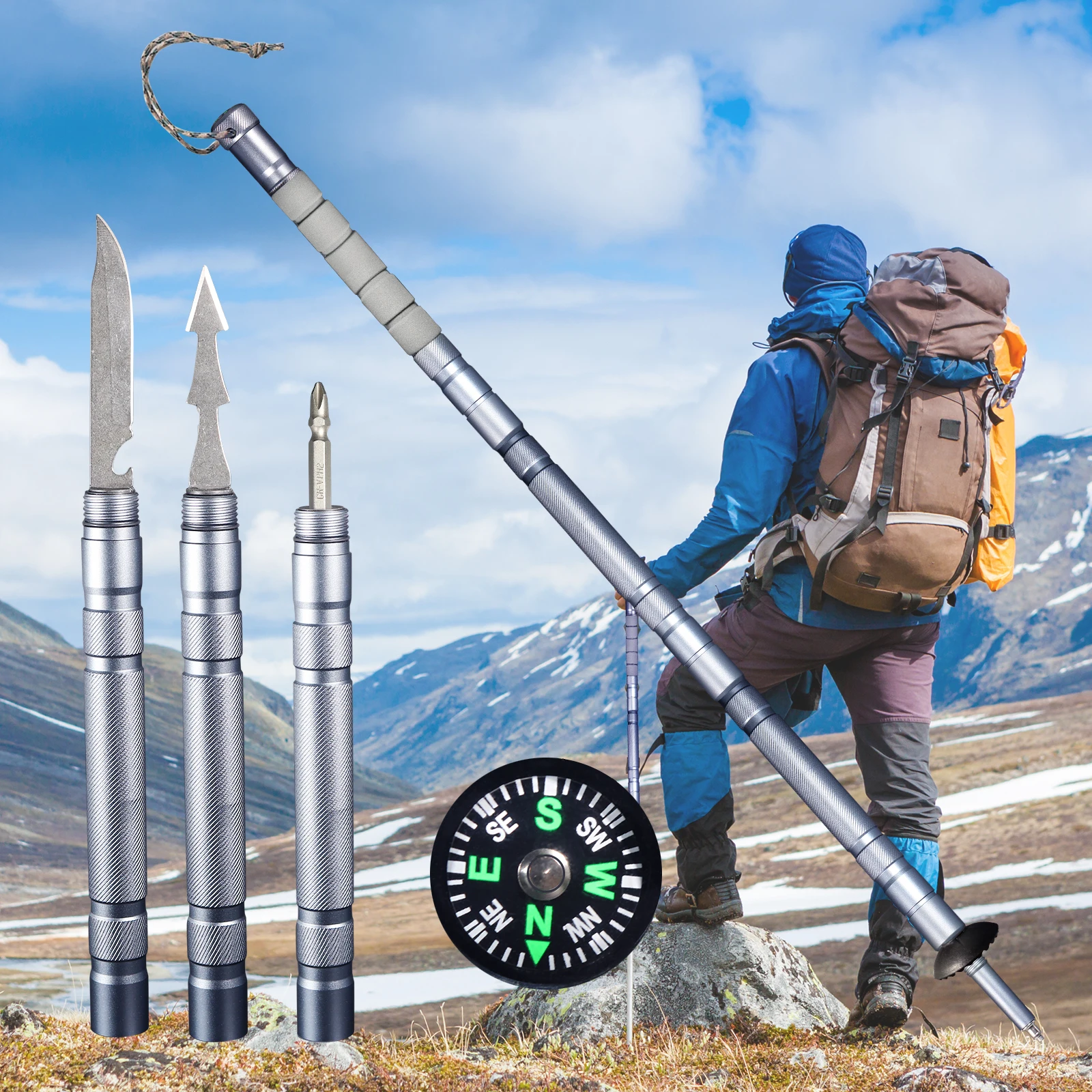 Multi-functional Survival Tool Dismountable 5 Sections Aluminum Alloy Hiking Stick, Trekking Poles, Outdoor Survival Tool Kits