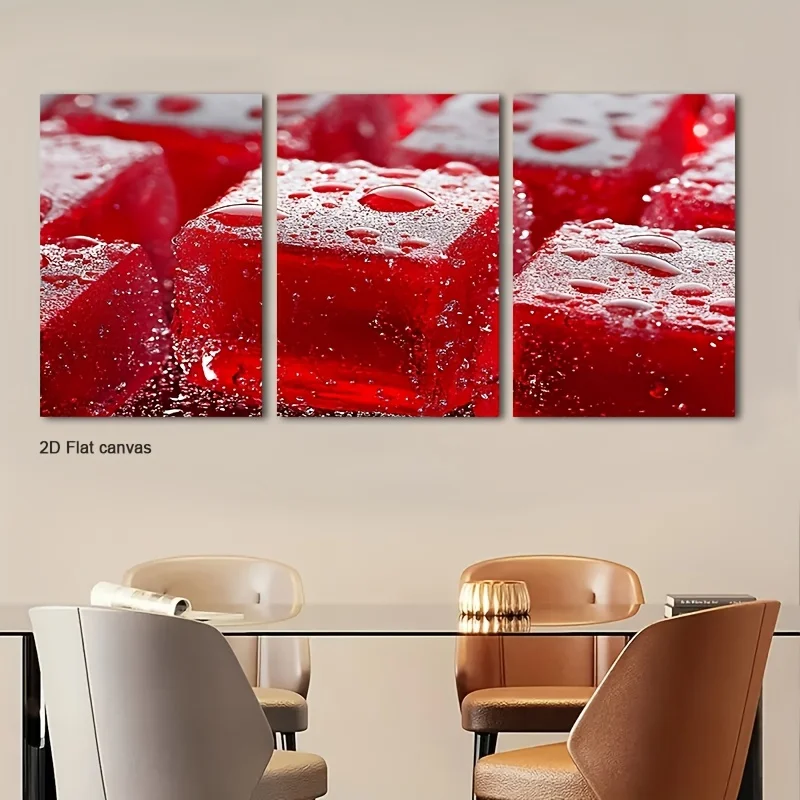 3pcs Framed Red Jelly Cube Wall Art - Glossy Cube Canvas, Modern Abstract Cubist Art, Wrapped Canvas Frame Ready-to-Hang for,