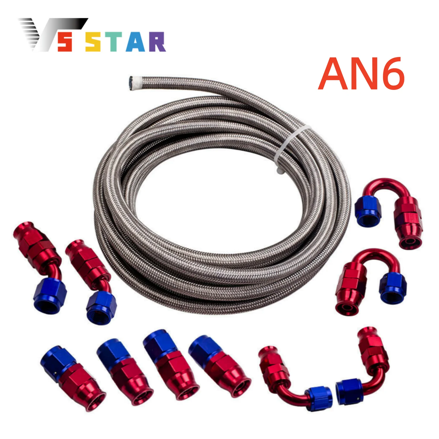 Universal 6AN 20FT Stainless Steel PTFE Fuel Line Sliver with 10pcs Fittings Ends Hose Kit Red-Blue For Alcohol Ethanol Lubricants Coolants Fuels