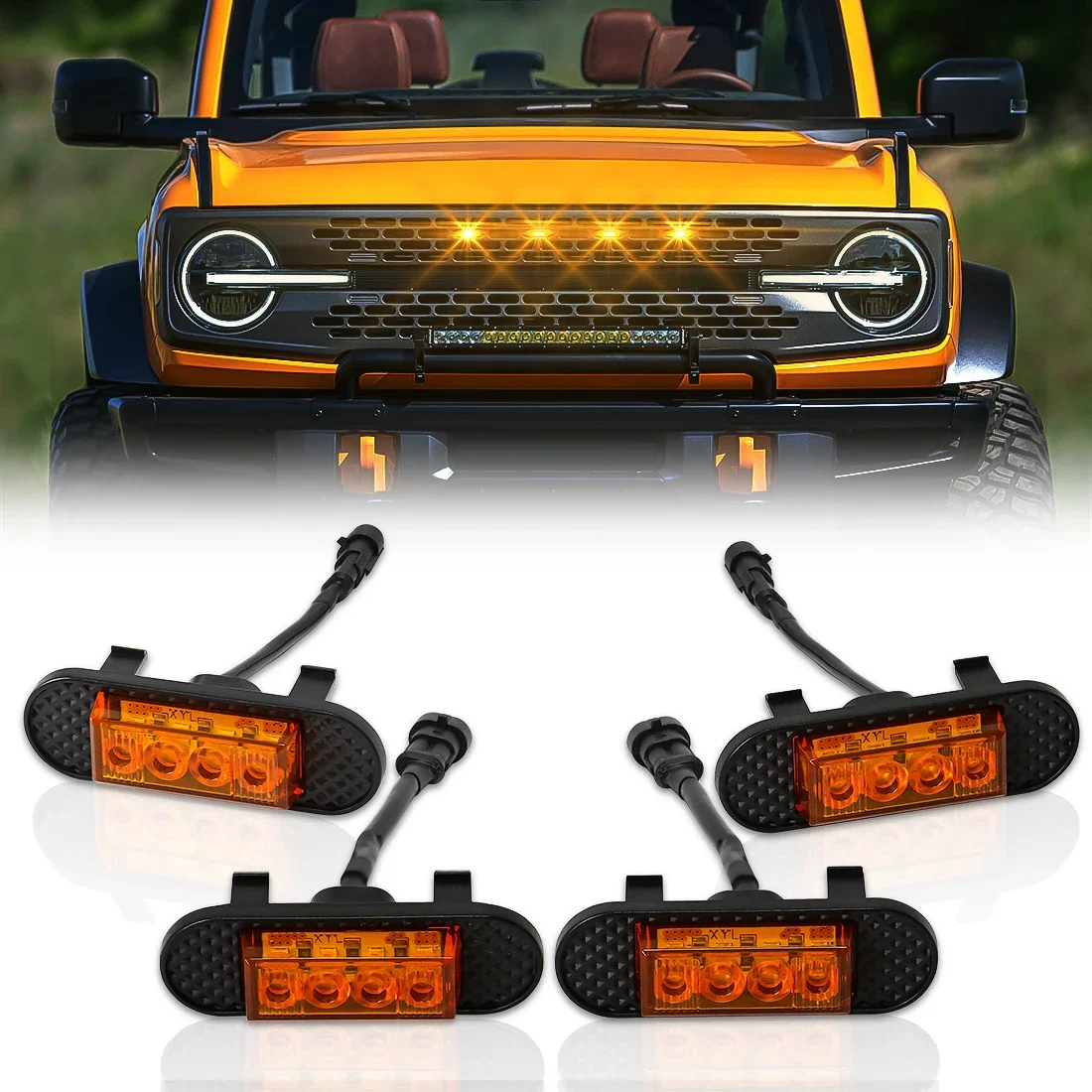 4Pcs LED Front Grille Lamp Amber For Ford Bronco BadLands 2021 2022 2023 DRL Warning Daylights Daytime Running Light 12V