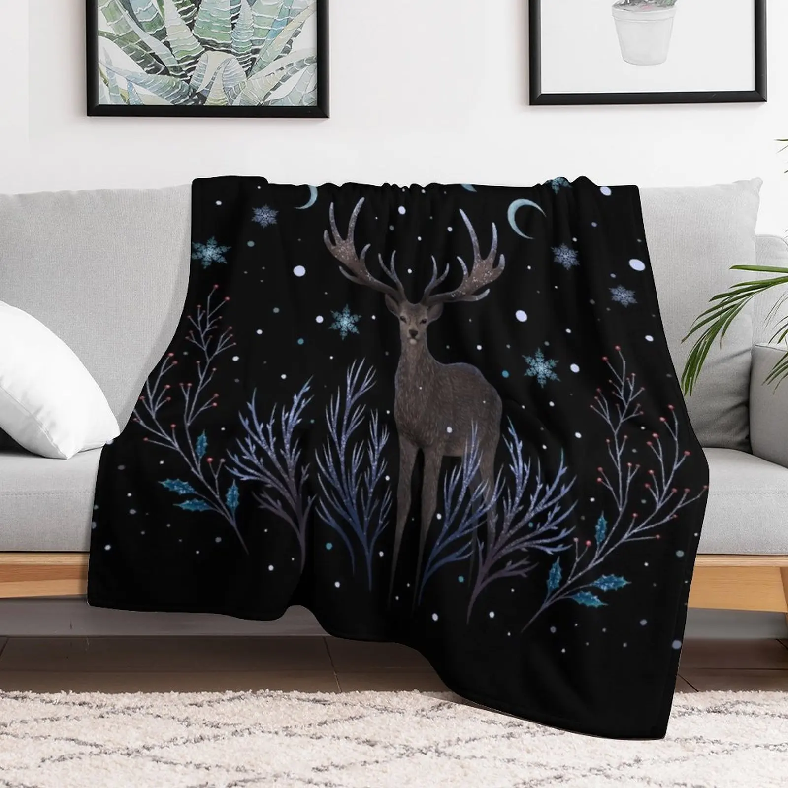 Deer in Winter Night Forest Throw Blanket Sofa Luxury Shaggy blankets ands Blankets