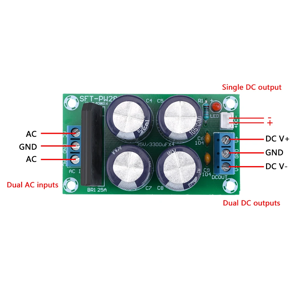 PW28 Dual Power Filter Power Amplifier Board Rectifier High Current 25A Flat Bridge Unregulated Power Supply Board DIY