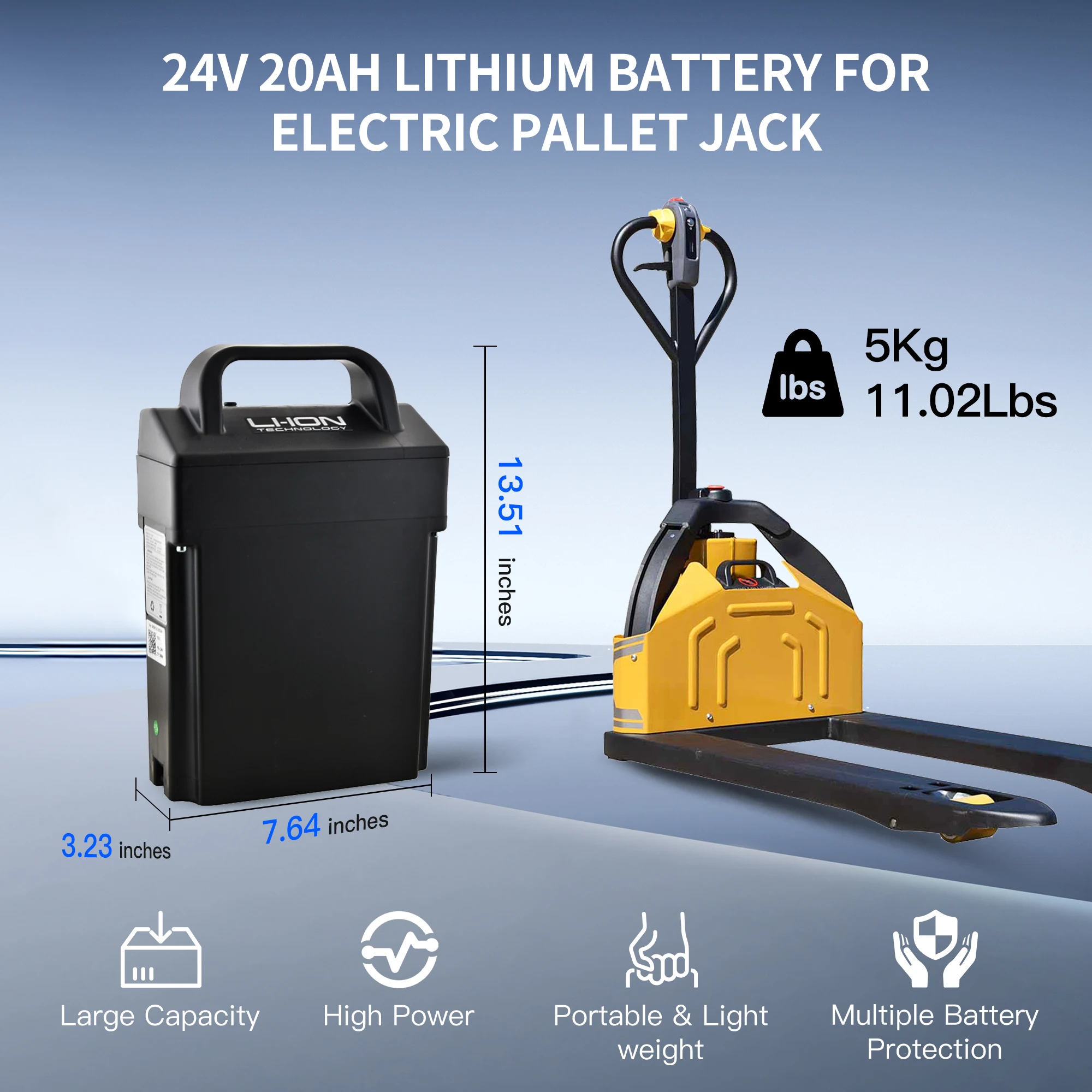 24V 20Ah Lithium Battery EL20_U for Big Joe LPT26 LPT33 T40 EP Pallet Truck Jack, 4500+ Cycles