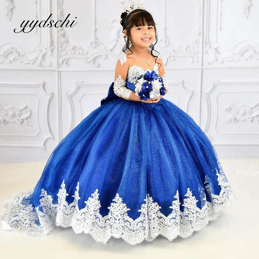 Robe de Rhbleue avec appliques en dentelle pour enfants, robe de demoiselle d'honneur, manches longues, longueur au sol, fête d'anniversaire, première communion, princesse